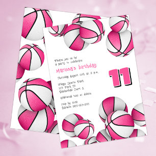 Invitación cumpleaños de chicas de baloncesto blanco rosado