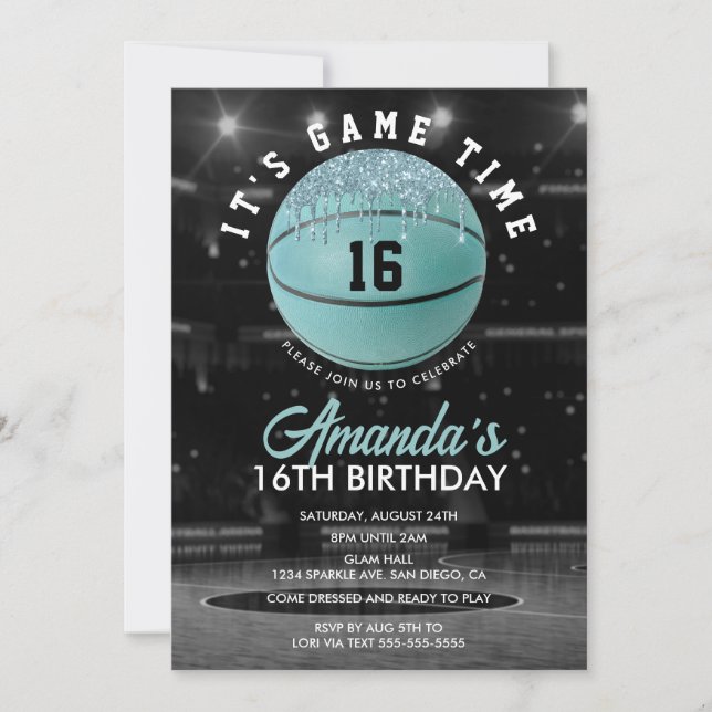Invitación Cumpleaños de Chicas de Baloncesto Verde Azulado (Anverso)