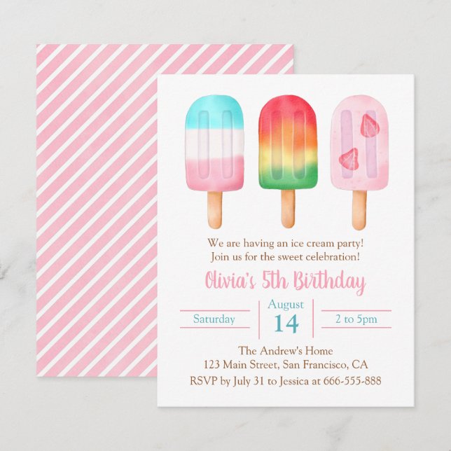 Invitación Cumpleaños de chicas de verano, fiesta de helado d (Anverso / Reverso)