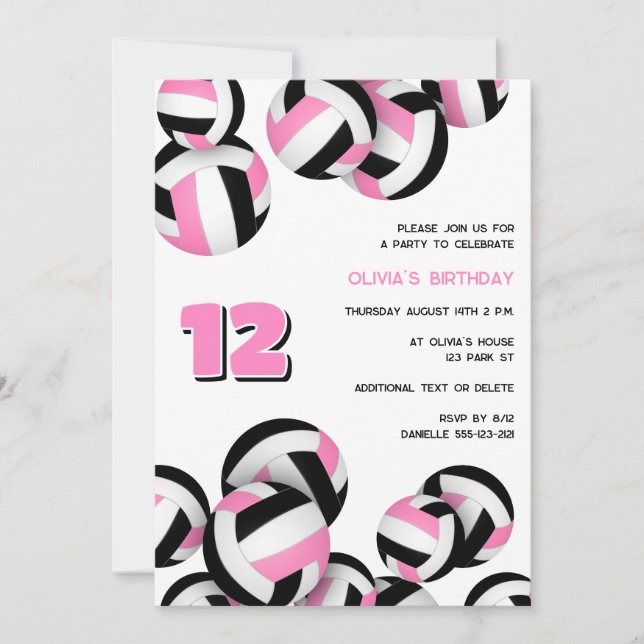 Invitación cumpleaños de chicas de voleibol negro rosa (Anverso)