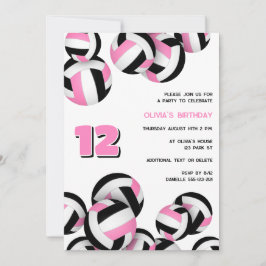 Invitación cumpleaños de chicas de voleibol negro rosa