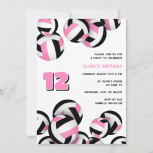Invitación cumpleaños de chicas de voleibol negro rosa