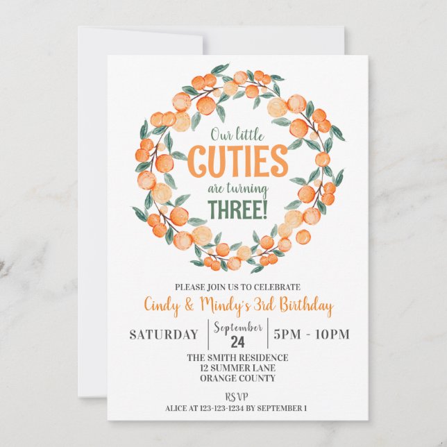 Invitación Cumpleaños de Chicas gemelos de verano, Naranjas d (Anverso)