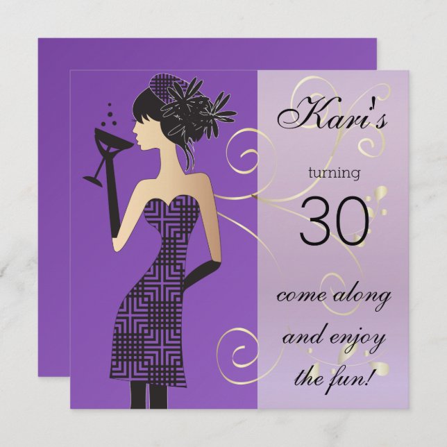 Invitación Cumpleaños de chicas o Bachelorette Bash en Morado (Anverso / Reverso)