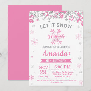 Invitación Cumpleaños de Chicas rosados y plateados copos de