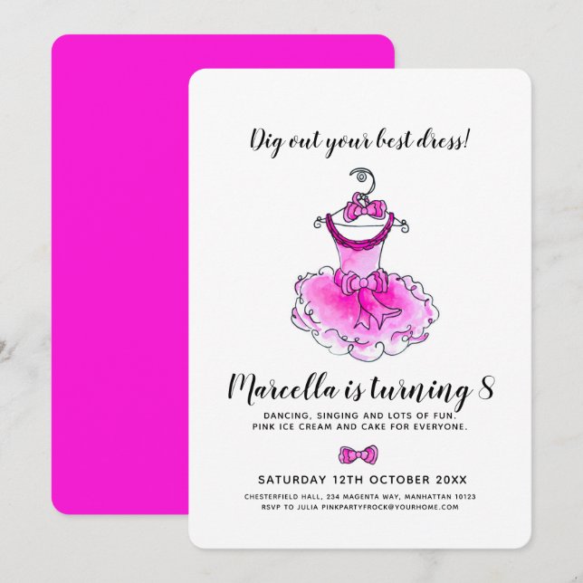 Invitación Cumpleaños de chicas vestidos de fiesta rosa (Anverso / Reverso)