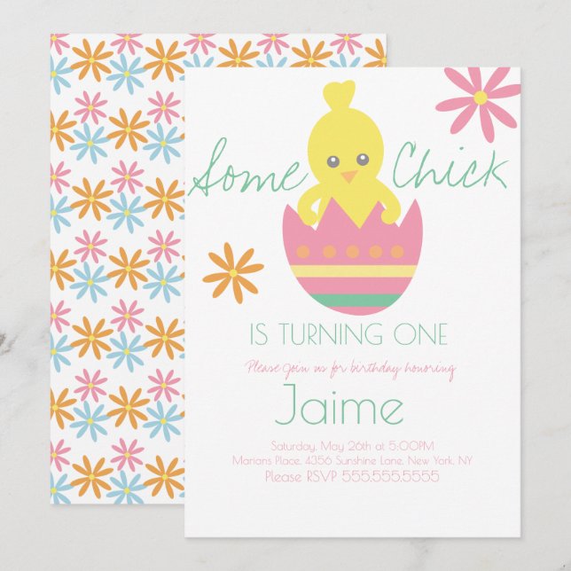 Invitación Cumpleaños de Chick Easter cumpliendo un año (Anverso / Reverso)