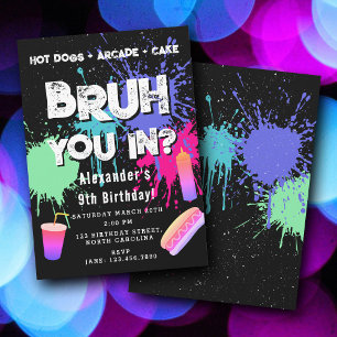 Invitación Cumpleaños de chicos Bruh con graffiti neón y hot