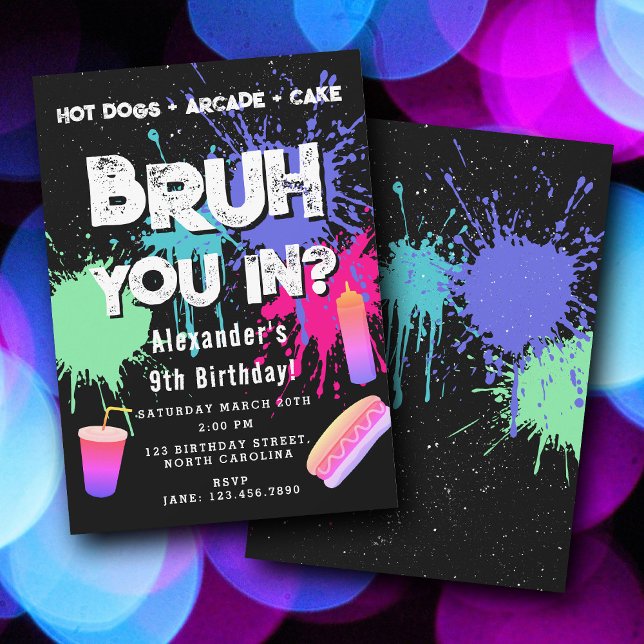Invitación Cumpleaños de chicos Bruh con graffiti neón y hot  (Bruh Boys Birthday Neon Graffiti Teenager Hot Dogs Invitation)