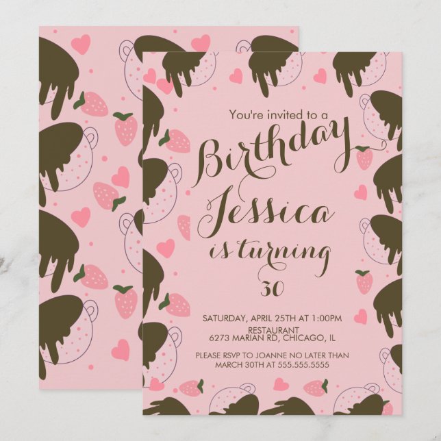 Invitación Cumpleaños de chocolate de fresa adorable que gote (Anverso / Reverso)