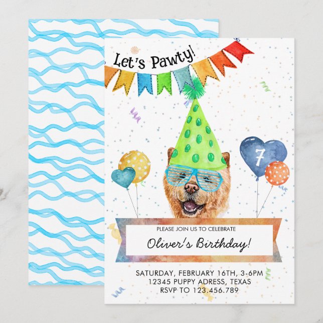 Invitación Cumpleaños de Chow Chow Lets Pawty Fiesta de Perro (Anverso / Reverso)
