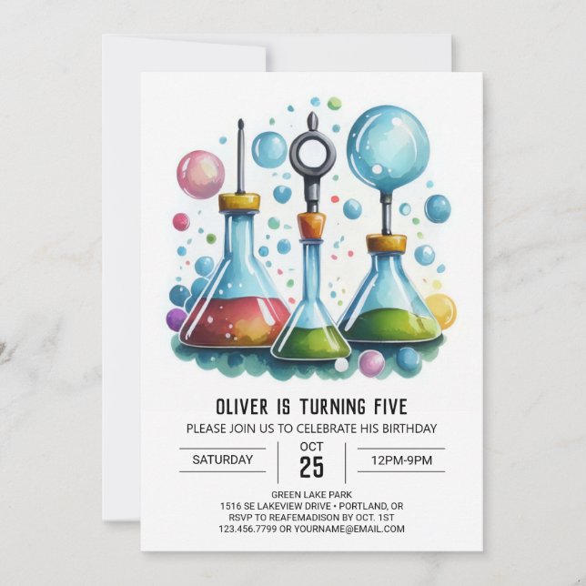 Invitación Cumpleaños de Científico de Fusión de Descubrimien (Anverso)