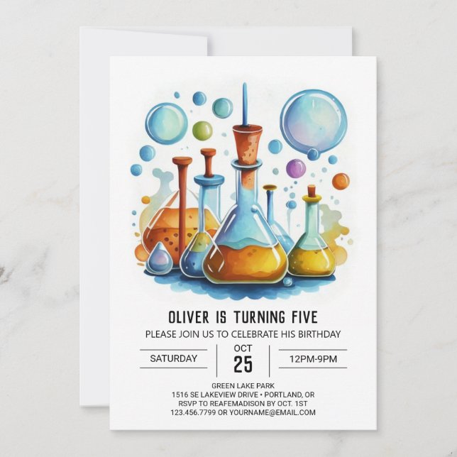 Invitación Cumpleaños de Científico de Química de Flask Whims (Anverso)