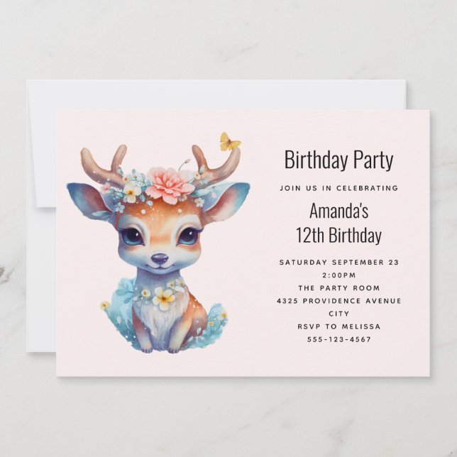 Invitación Cumpleaños de Ciervo Bebé Adorable con Cuernecillo (Anverso)