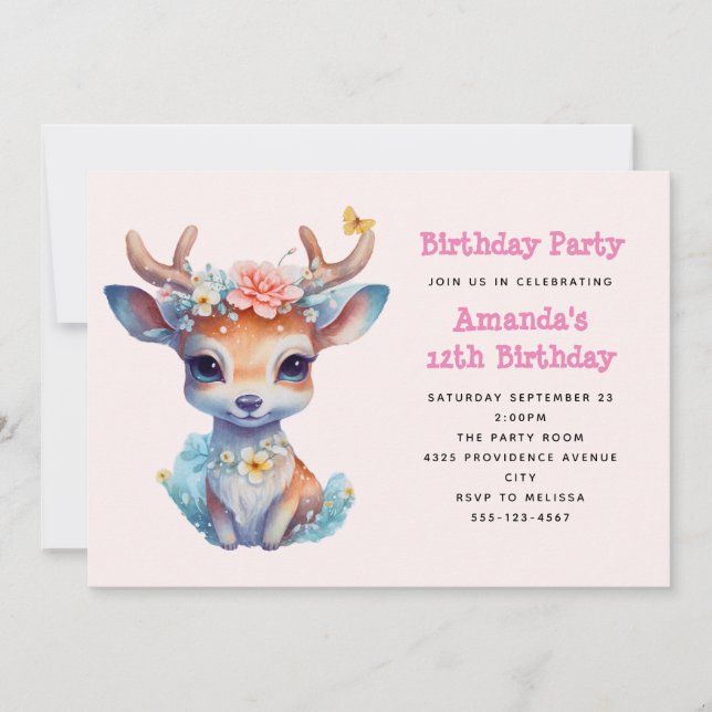 Invitación Cumpleaños de Ciervo Bebé Adorable con Cuernecillo (Anverso)