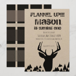Invitación Cumpleaños de Ciervo de Otoño de Cuadros Flannel U