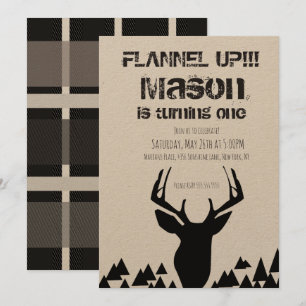 Invitación Cumpleaños de Ciervo de Otoño de Cuadros Flannel U
