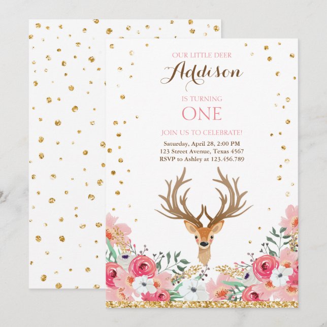 Invitación cumpleaños de ciervos invitan a Woodland Gold Pink (Anverso / Reverso)