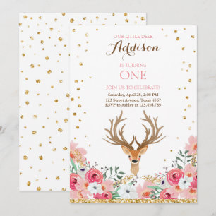 Invitación cumpleaños de ciervos invitan a Woodland Gold Pink