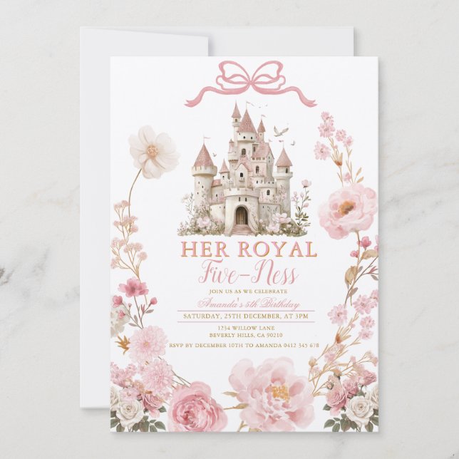Invitación Cumpleaños de cinco años Castillo Rosa Cinta Real (Anverso)