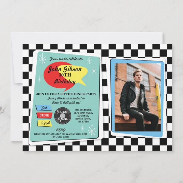 Invitación Cumpleaños de cincuenta años, cincuenta roca retro (Anverso)