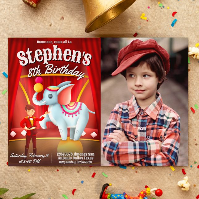 Invitación Cumpleaños de Circo Moderno con Foto (Circus Birthday Landscape  Invitation with Photo)