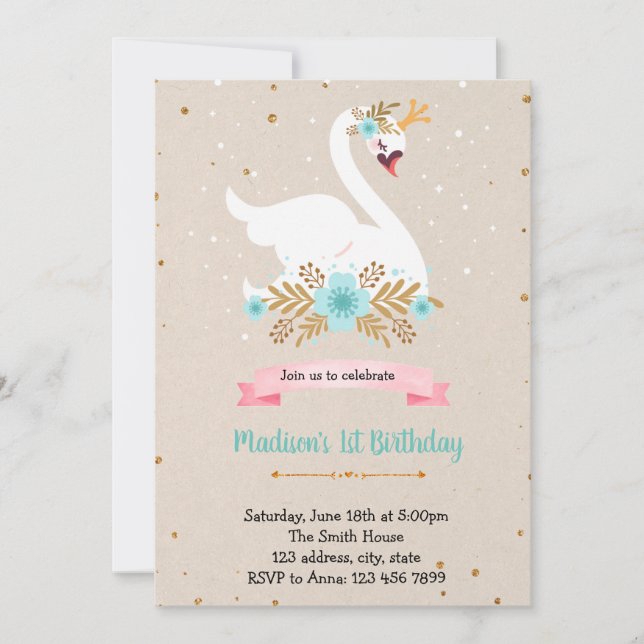 Invitación cumpleaños de cisne de flor azul (Anverso)