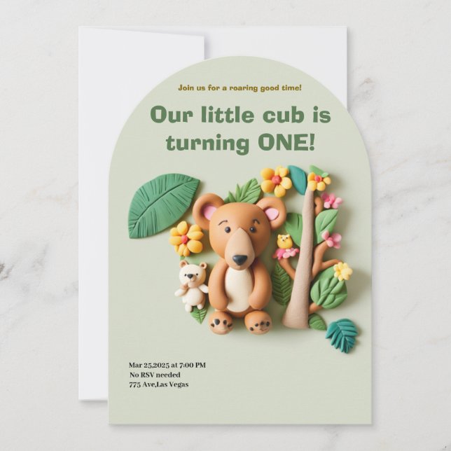 Invitación cumpleaños de Clay Art Bear Family (Anverso)