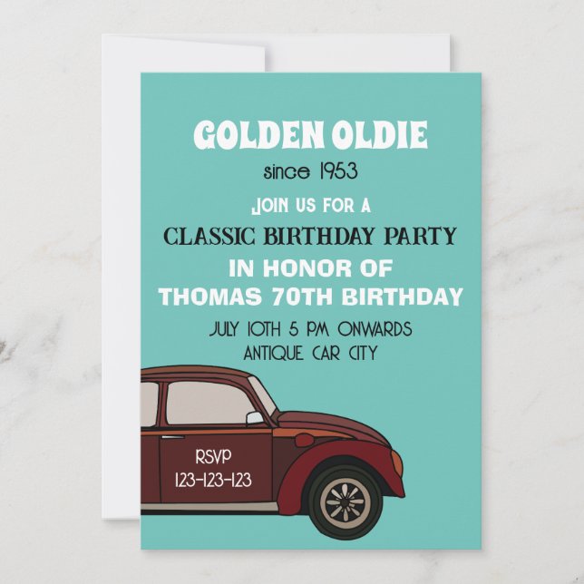 Invitación Cumpleaños de Coche Clásico Antiguo  (Anverso)