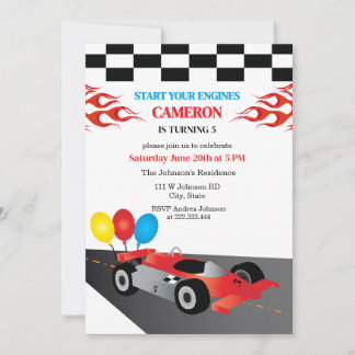 Invitación Cumpleaños de coche de carreras a cuadros, arranca