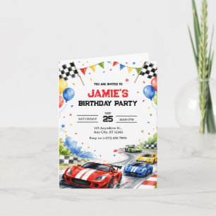 Invitación Cumpleaños de coche de carreras de acuarela Deport
