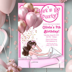 Invitación Cumpleaños de coche de muñeca de moda rosa