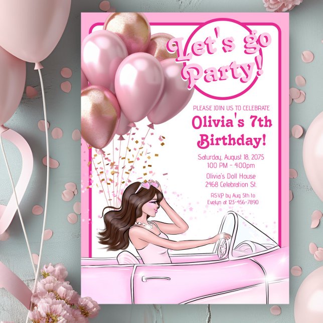 Invitación Cumpleaños de coche de muñeca de moda rosa (Girl pink fashion doll in car birthday party invitation. Simply add your event details.)