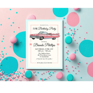 INVITACIÓN CUMPLEAÑOS DE COCHE ROSA ANTIGUO PARA CUALQUIER ED