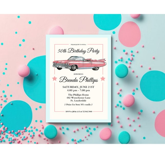 INVITACIÓN CUMPLEAÑOS DE COCHE ROSA ANTIGUO PARA CUALQUIER ED (Subido por el creador)