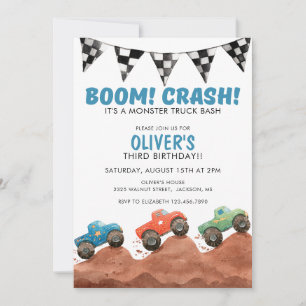 Invitación Cumpleaños de coches coloridos de camiones monstru