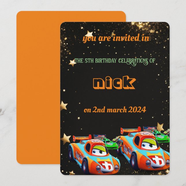 Invitación cumpleaños de coches divertidos (Anverso / Reverso)
