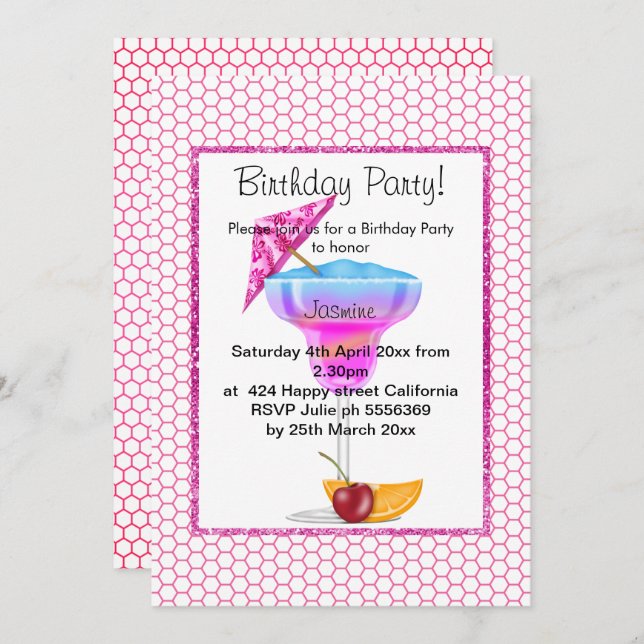 INVITACIÓN CUMPLEAÑOS DE COCKTAIL PINK PATROCINADO CON HAWAII (Anverso / Reverso)