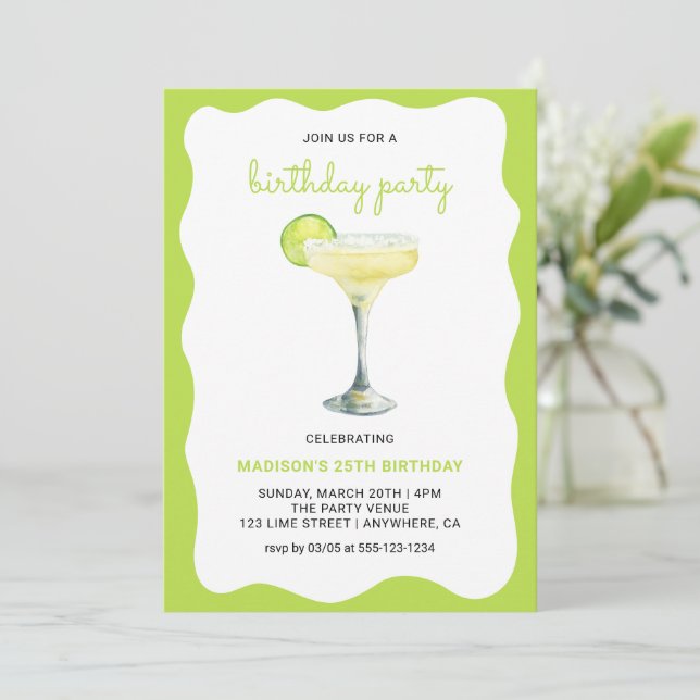 Invitación Cumpleaños de cóctel de verano chic verde cítrico  (Anverso de pie)