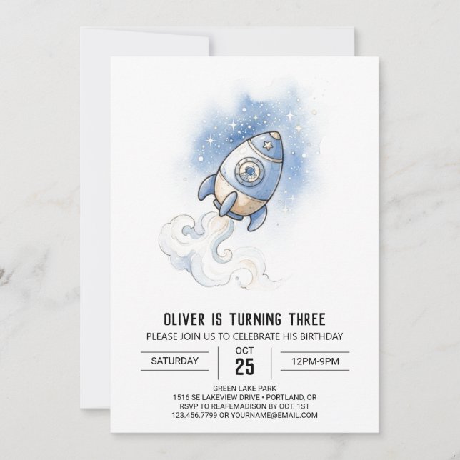 Invitación Cumpleaños de Cohete Espacial Estrellado (Anverso)