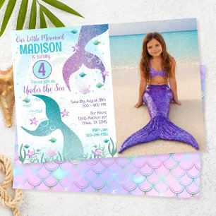 Invitación Cumpleaños de cola de sirena bajo el mar con foto