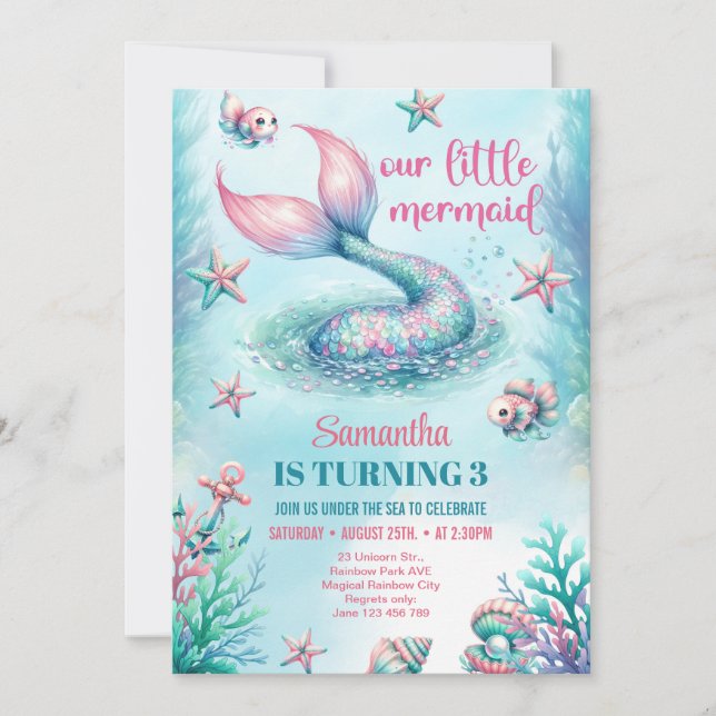 Invitación Cumpleaños de cola de sirena turquesa con acuarela (Anverso)