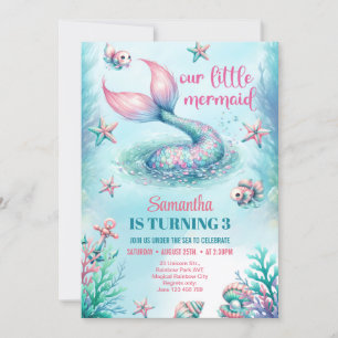Invitación Cumpleaños de cola de sirena turquesa con acuarela