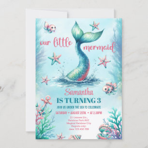 Invitación Cumpleaños de cola de sirena turquesa con acuarela
