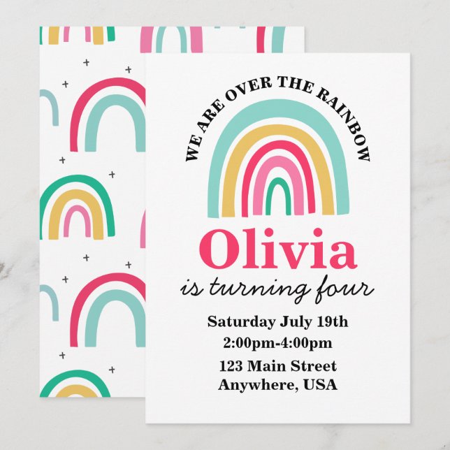 Invitación Cumpleaños de colores brillantes arcoíris (Anverso / Reverso)