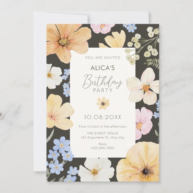 Invitación Cumpleaños de colores pastel florales (Anverso)