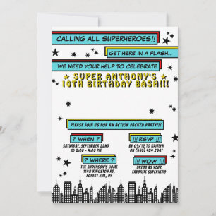 Invitación Cumpleaños de Cómic de Superhéroe para Cualquier E