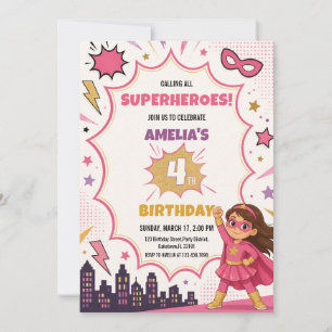 Invitación Cumpleaños de cómic de superheroína rosa