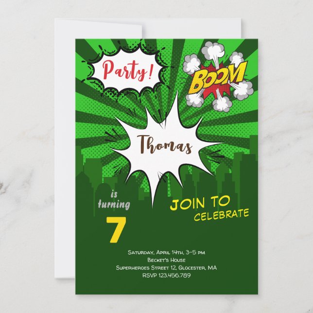 Invitación Cumpleaños de cómic verde arte pop (Anverso)
