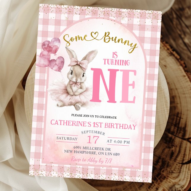 Invitación Cumpleaños de conejita bailarina floral de gingham (Subido por el creador)